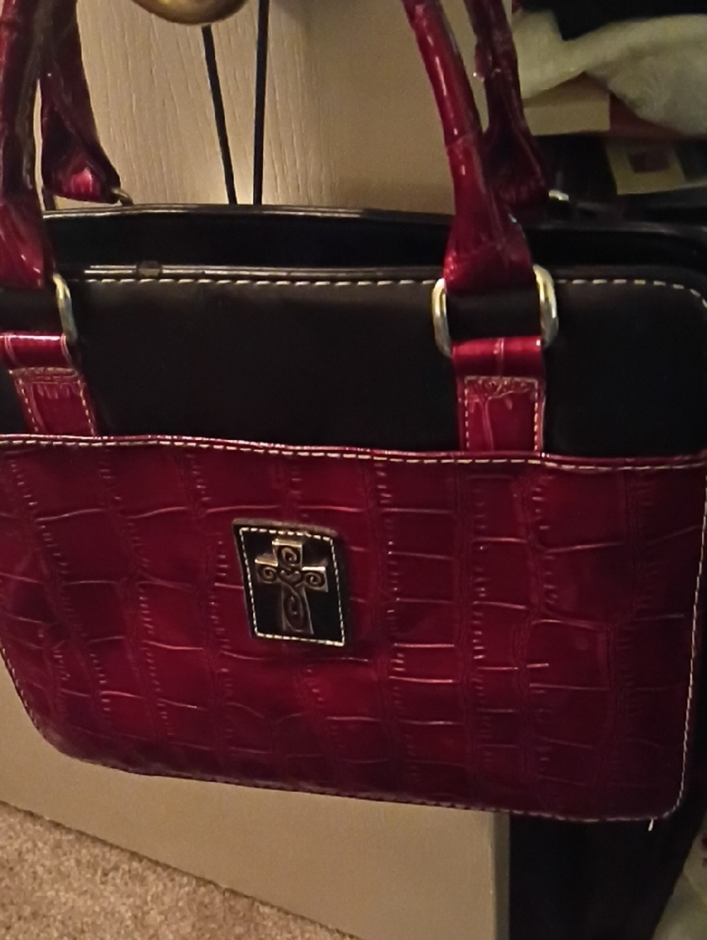 Women’s Cross-Embossed Red Tote Bag with Cross Accent